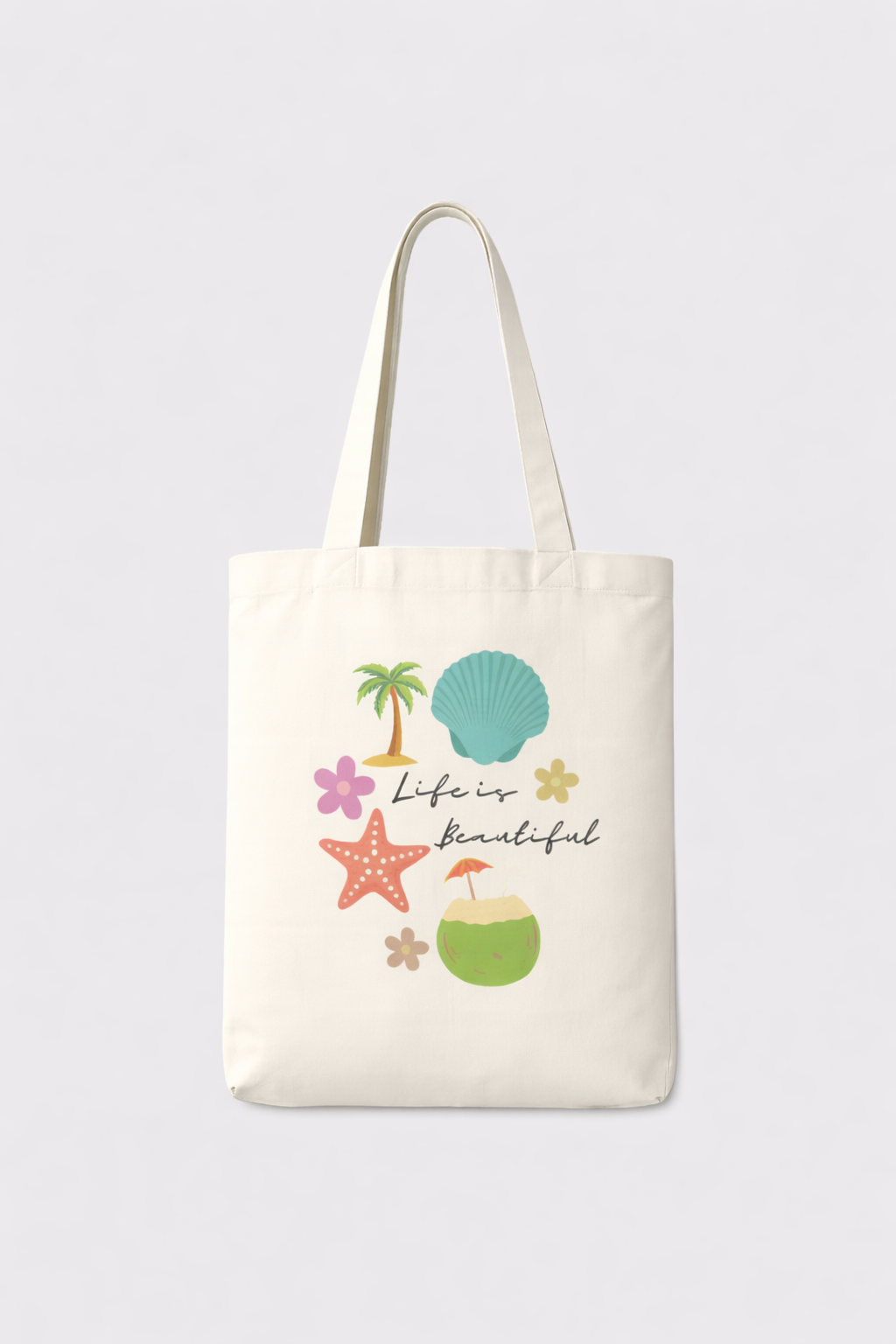 Tote bag with beach-themed design and 'Life is Beautiful' text on a light gray background