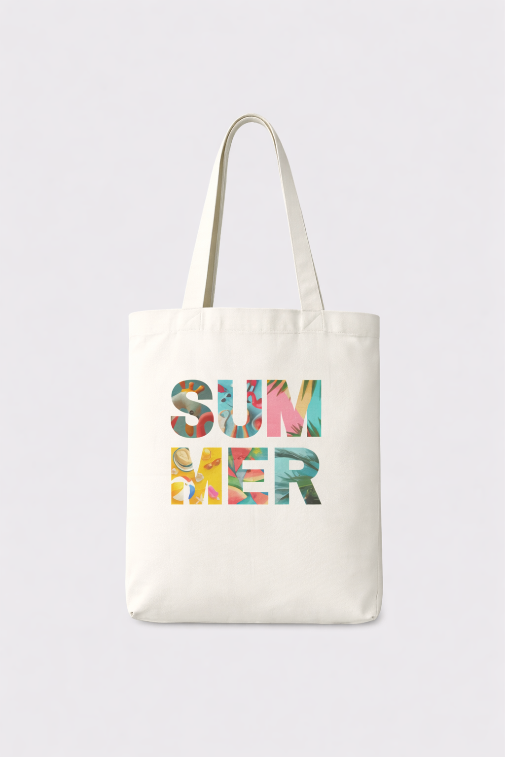 Tote bag with 'SUMMER' in colorful letters on a light gray background
