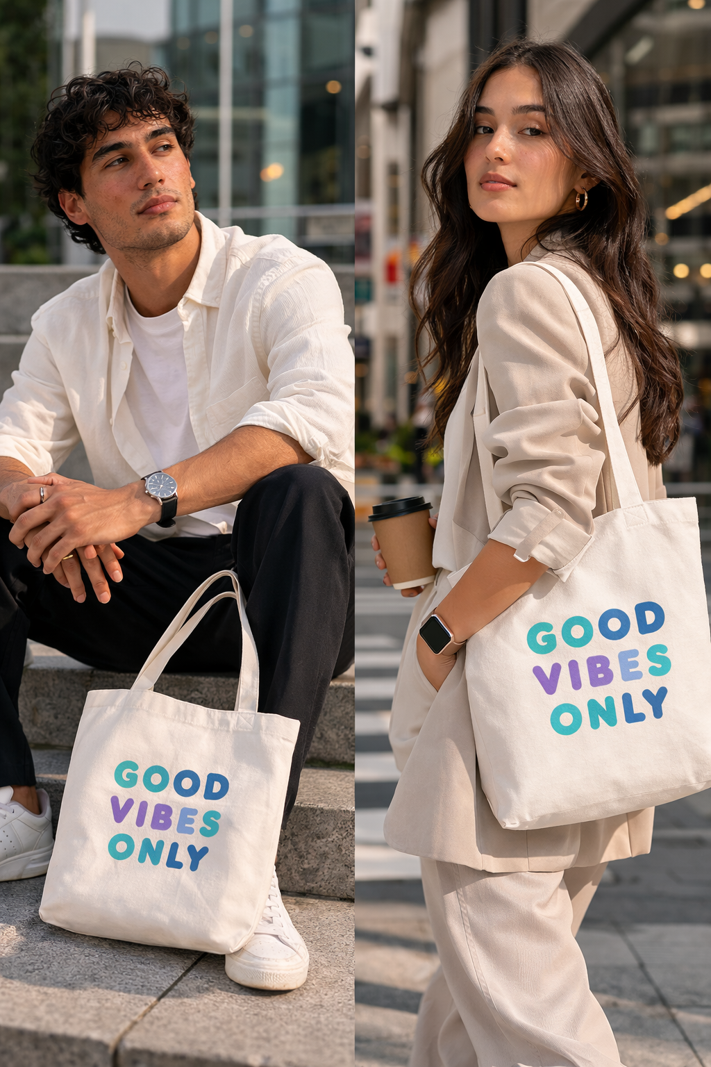 Two people with 'Good Vibes Only' tote bags in an urban setting.