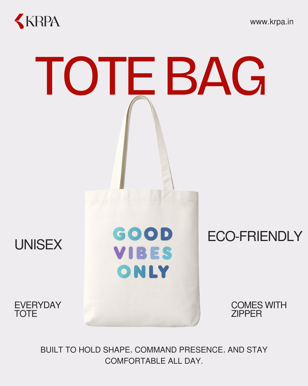 Unisex Zipper Good Vibes Only Tote Bag