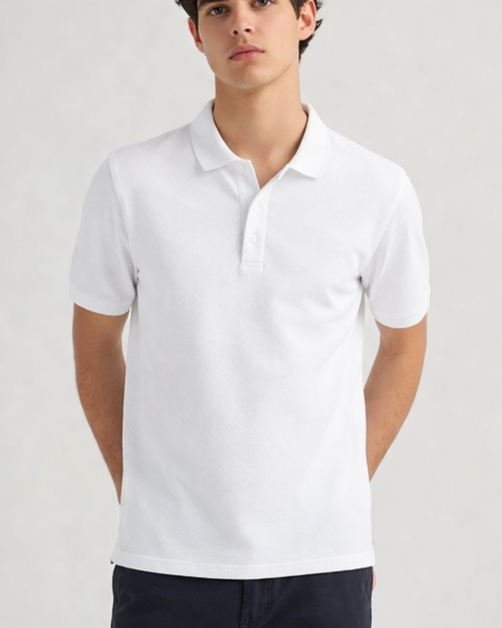 Man wearing a white polo shirt against a light gray background