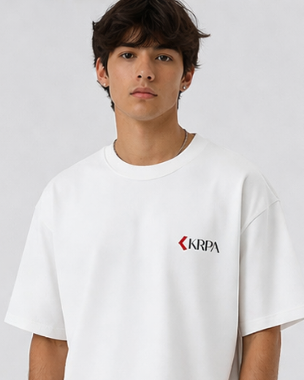 White oversized T-shirt for men with KRPA logo, relaxed cotton fit