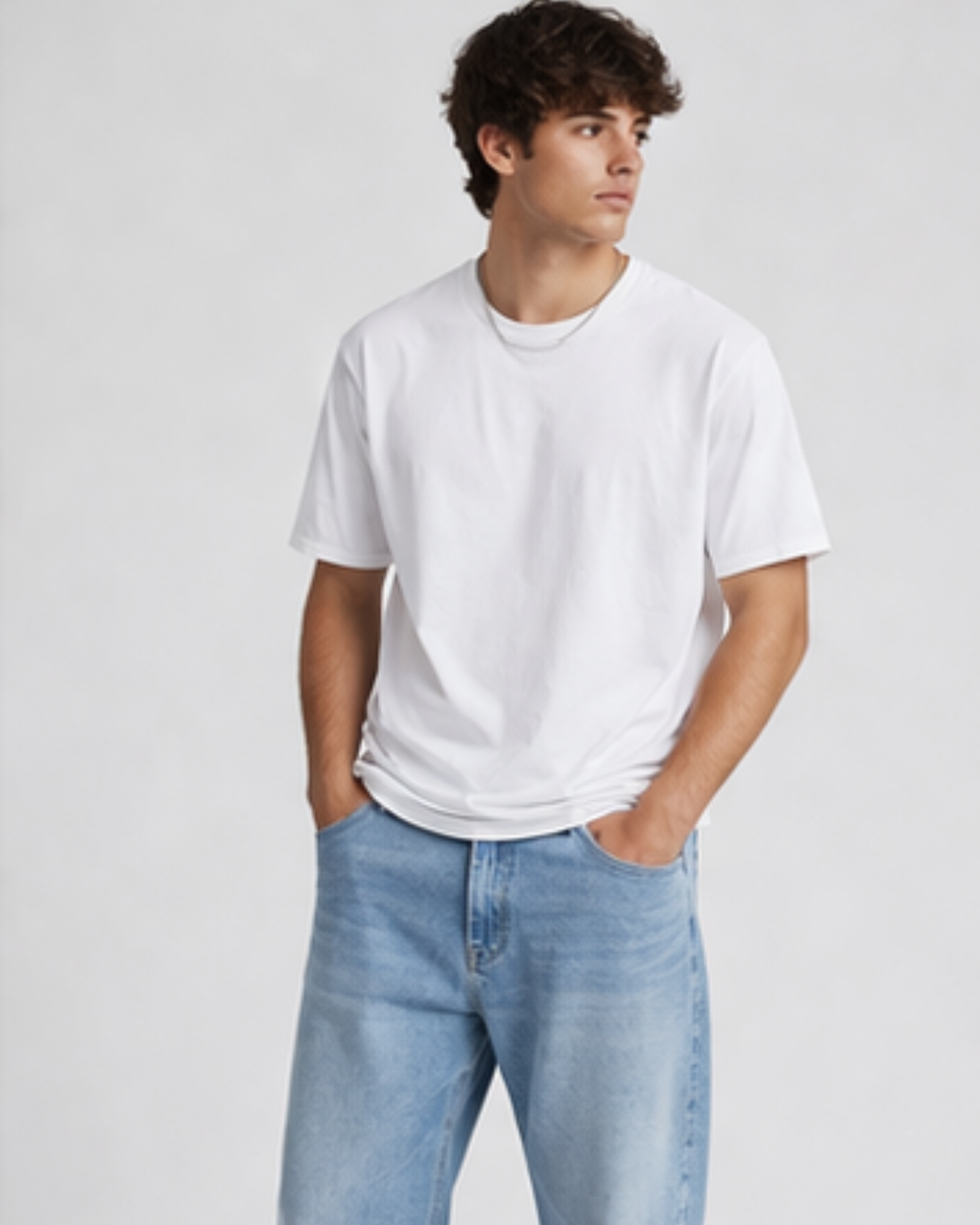 Person wearing a plain white t-shirt and light blue jeans on a light gray background