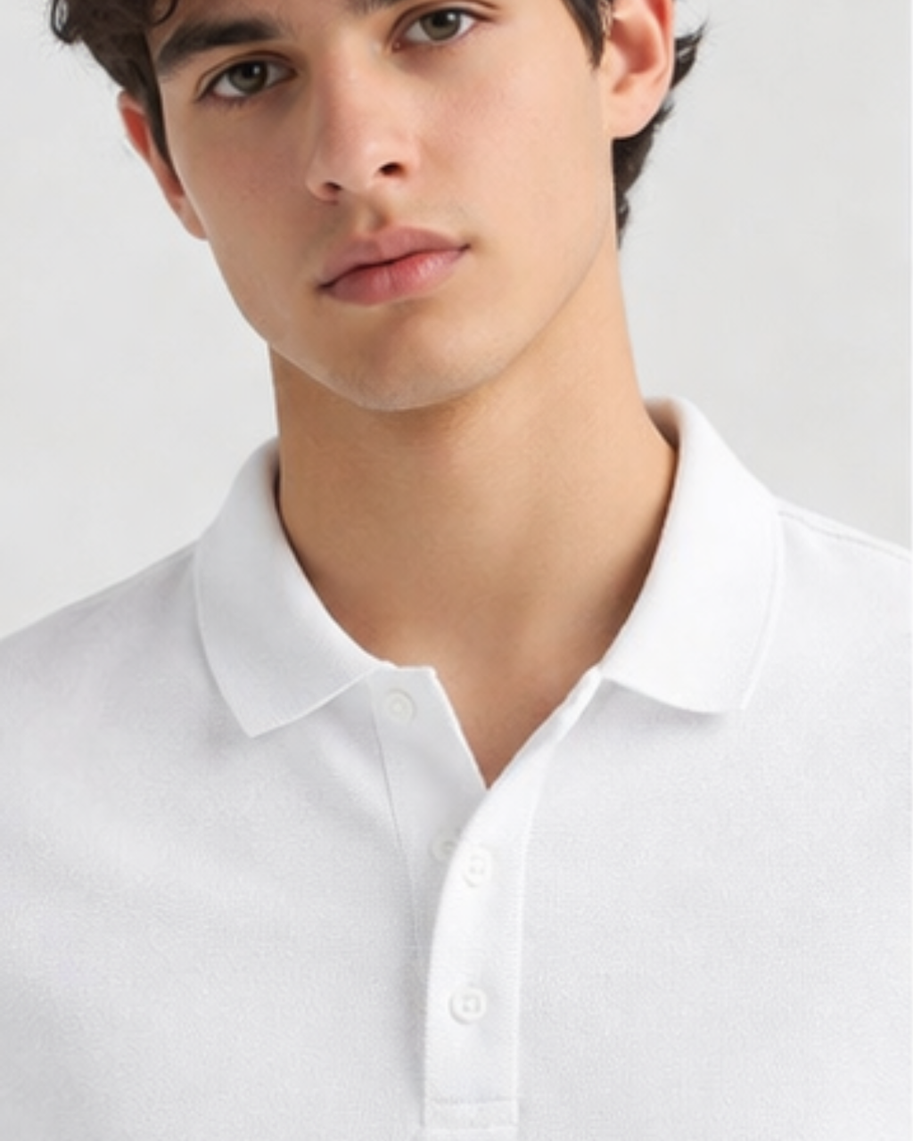 Man wearing a white dress shirt against a plain background