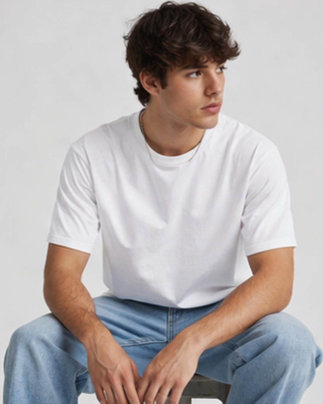 Man wearing a plain white t-shirt and light blue jeans against a neutral background